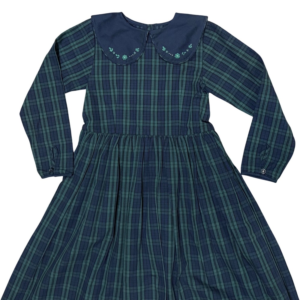Strasburg Girls Green Navy Plaid Embroidered Peter Pan Collar Dress 10 - Picture 2 of 6